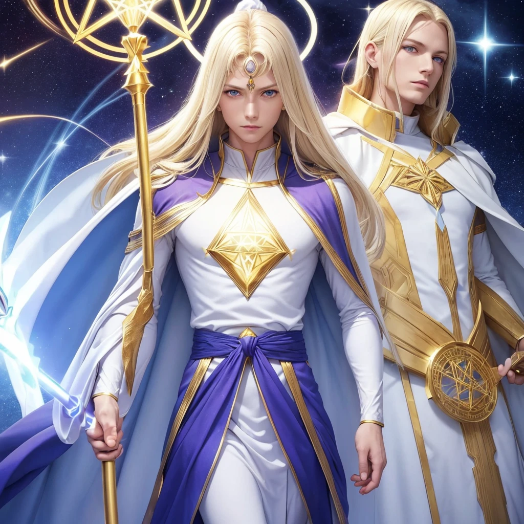 Blonde Pleiadian with sky blue eyes wearing white clothing along with grayish blue Arcturian in purple cape with golden scepter and golden sacred geometry on the chest with white Leo in white clothing with gold details
