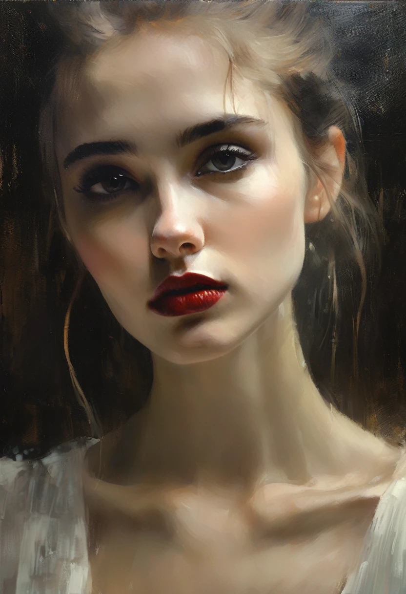 colored ink painting style of Casey Baugh, an award-winning painting, an impressive of the face of a skinny Gothic woman that captivates the viewer. Her pale, porcelain-like skin appears almost supernatural, while her dark eyes exude depth and penetration. The fine details of her face are accentuated by the interplay of light and shadow, highlighting her distinctive features. The dark lips lend a mysterious sensuality to her expression. This close-up captures the intensity and captivating allure of Gothic aesthetics in a single moment close-up, complete face, skinny, Gothic, woman style of Casey Baugh, an award-winning colored, ultra HD, 8 k, cleavage, sexy, breast, crying