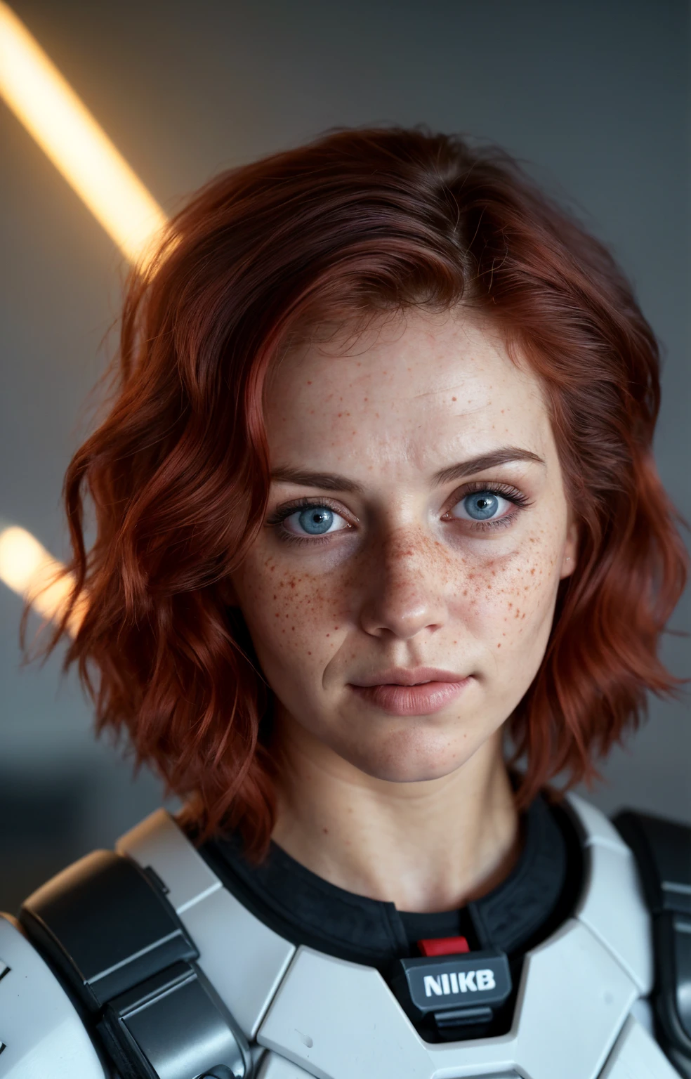 (Close-up, editorial photograph of a 21 year old woman), (highly detailed face:1.4) (smile:0.7) (background inside dark, moody, private study:1.3) POV, by lee jeffries, nikon d850, film stock photograph ,4 kodak portra 400 ,camera f1.6 lens ,rich colors, hyper realistic ,lifelike texture, dramatic lighting , cinestill 800, wavy hair, messy hair, short hair, commander Shepard haircut, Serious smirk, Red hair, Blue Eyes, freckles, White Skin, Halo Suit, Sci Fi, Cyberpunk, Futurism, Mass Effect, Astral Plane, European expressions, European woman, European skin, Athletic body