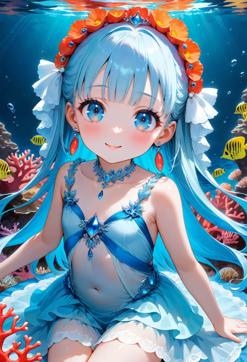 masterpiece, best quality, extremely detailed, (illustration, official art:1.1), 1 girl ,(((( light blue long hair)))), ,(((( light blue long hair)))),light blue hair, , long hair ((blush)) , cute face, big eyes, masterpiece, best quality,(((((a very delicate and beautiful girl))))),Amazing,beautiful detailed eyes,blunt bangs((((little delicate girl)))),tareme(true beautiful:1.2), sense of depth,dynamic angle,,,, affectionate smile, (true beautiful:1.2),,(tiny 1girl model:1.2),)(flat chest),
(adolescence girl), (loli, petite), small smile, ,Big earrings,(The Coral Princess’s earrings are made of beautiful coral born from the depths of the sea. These earrings highlight her beauty even more, and their presence symbolizes the mystery and power of the sea. When she wears these earrings, those around her are fascinated by her beauty and elegance.)、(((tareme eye)))
