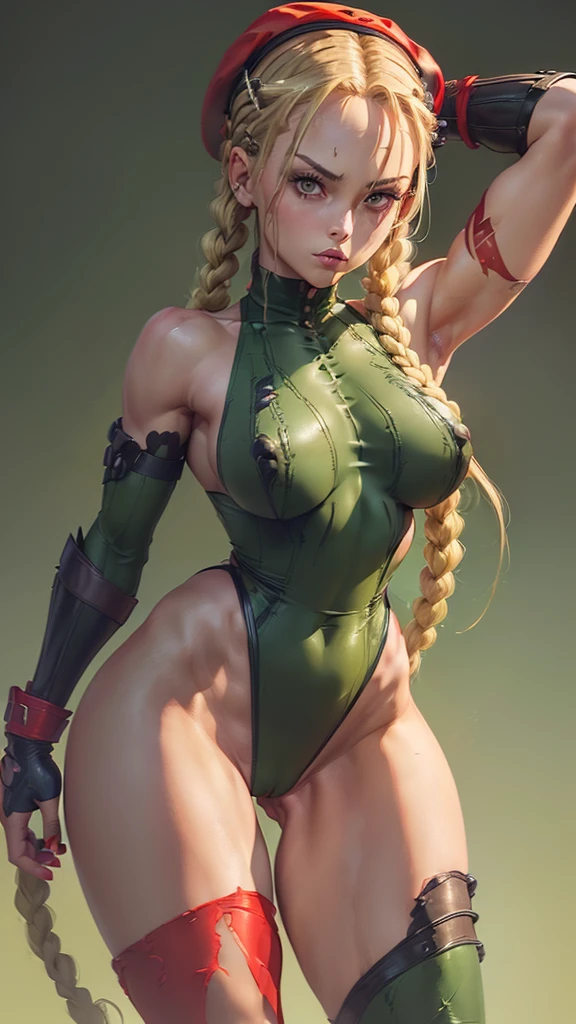 ((Cammy from street fighter  (long blonde twin braids hairstyle) (dark eyeshadows make up)((big breasts)) (perfect slim body) (wears dark green leotard, red gauntlets, red beret, black military boots) ((showing armpits and pussy half naked)) sexy look. 