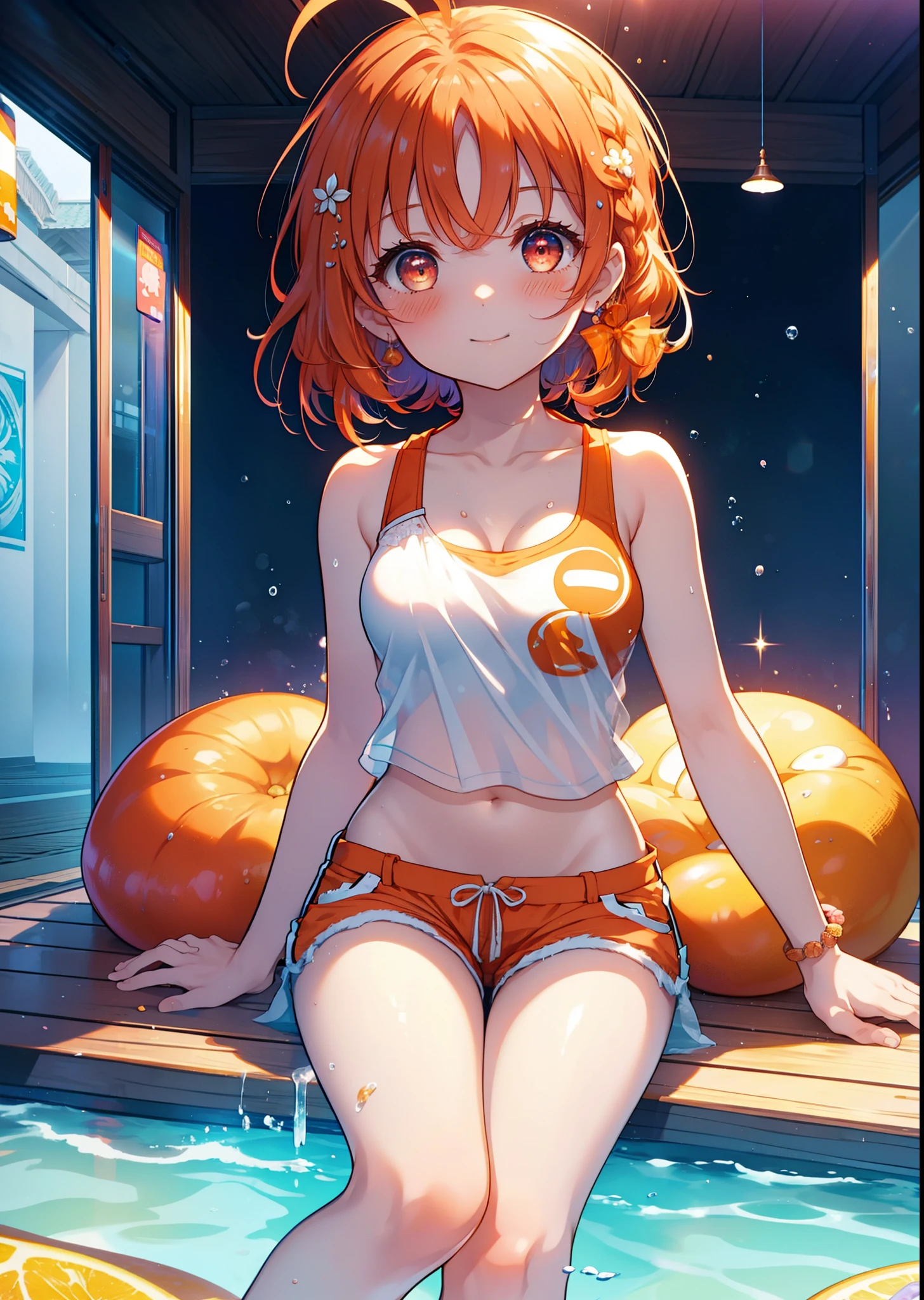 Takahai Chige,Orange Hair,Red eyes,smile,blush,Open your mouth,Long Hair,Ahoge,Orange tank top,Shorts,barefoot,Holding and eating ice cream with both hands,Sitting on the sofa, break indoors, room, break looking at viewer, whole body, (Cowboy Shot:1. 5) break (masterpiece:1.2), Highest quality, High resolution, unity 8k wallpaper, (shape:0.8), (Beautiful attention to detail:1.6), Highly detailed face, Perfect lighting, Extremely detailed CG, (Perfect hands, Perfect Anatomy),