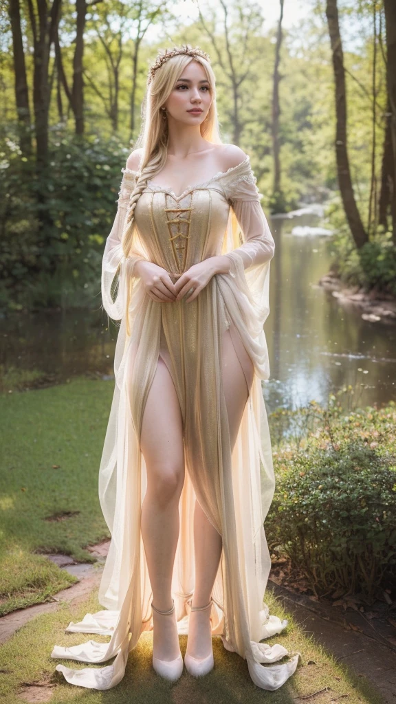 Skirtlift, skirt lifted by hands, cute pussy,((Full body))Front view,Full body photography of 1girl, galadriel, elf, blonde hair, blue eyes, white dress, detailed skin, fantasy,  forest, modelshoot style, (extremely detailed CG), 8k masterpiece 