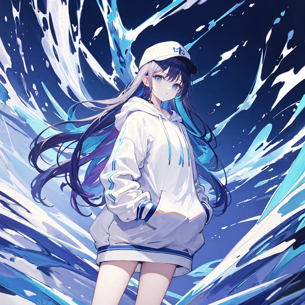 (T Masterpiece、Extremely high quality、high resolution、Best Quality)、girl、Solo、Blue and white gradient、Long Hair、Wearing a cap、Hands in pockets、Oversized hoodie、West Shot、Colorful background