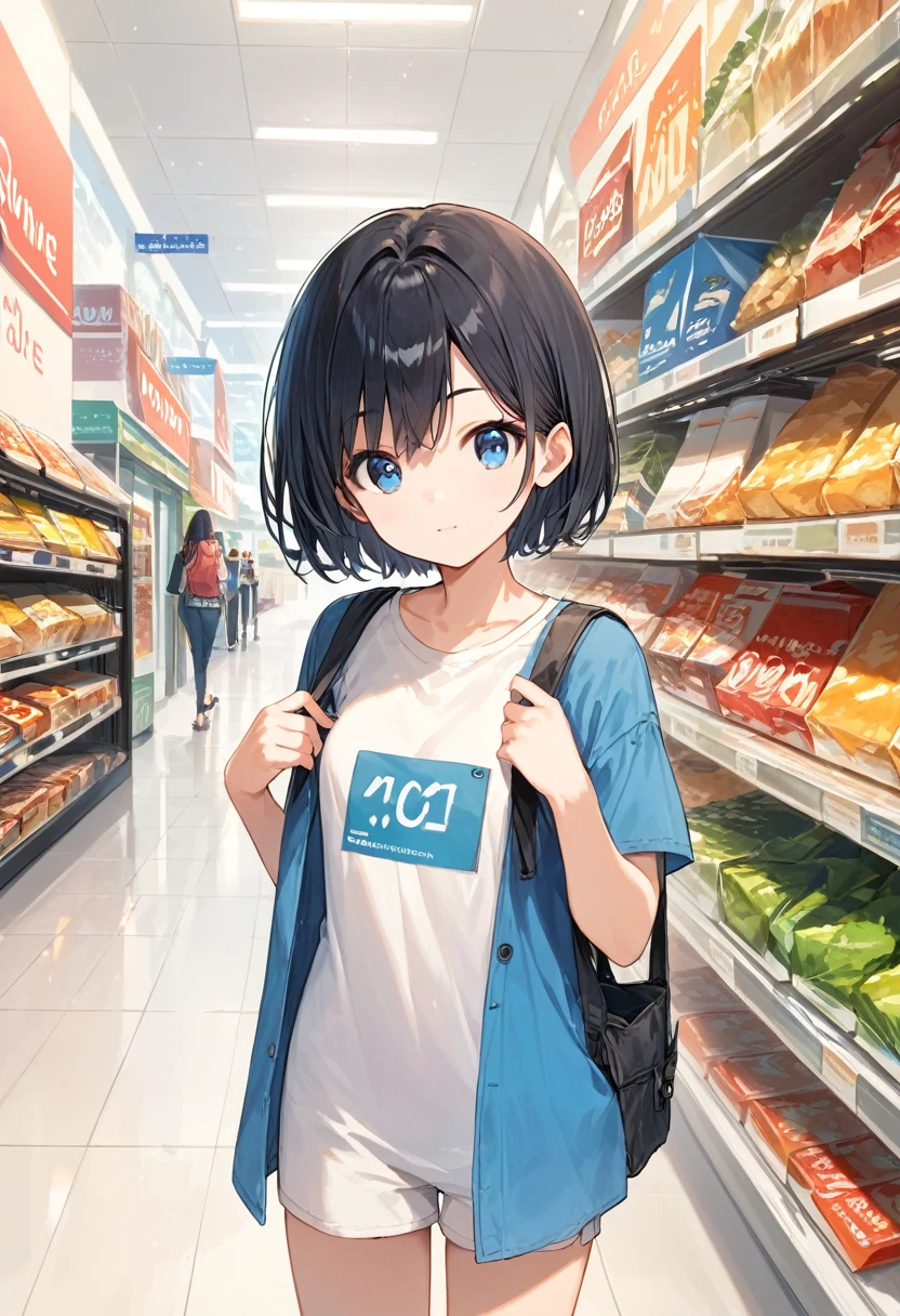 score_9, score_8_up, score_7_up,source_anime, high res image,masterpiece,best quality,girl,cute face,clear skin,black hair,short hair,blue eyes,shopping,boutique
