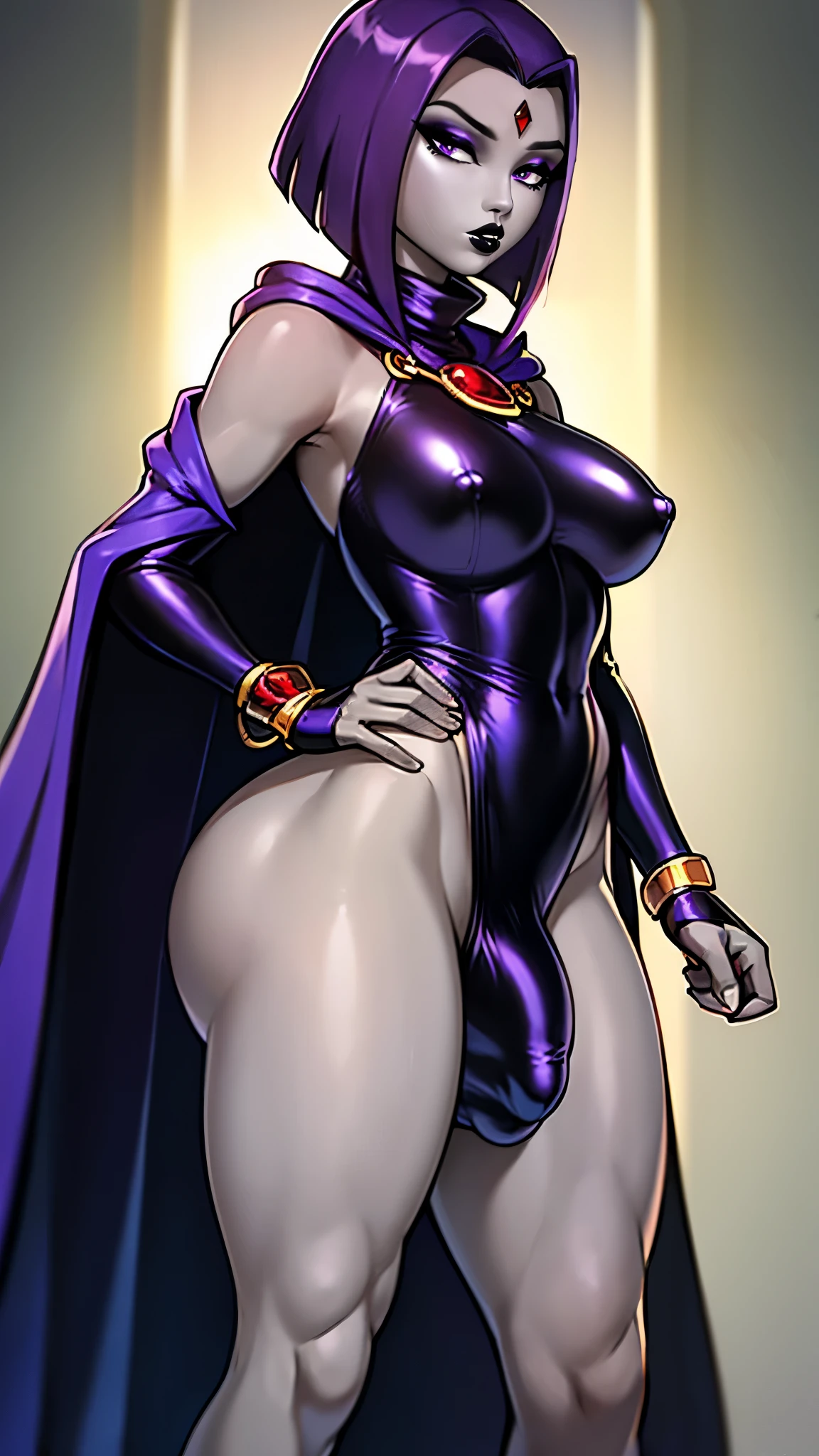 (solo:1.1),(masterpiece), (best quality:1.3), ultra detailed, intricate, professional art, digital art, absurdres, shadraven, (Full body view:1.1), 1girl, solo, (grey skin:1.4), dark purple hair, bob hair, dark purple eyes, hips wider than shoulders, pear shaped body, jewellery, detailed thighs, thick thighs, red jewel in forehead, jewels, (long sleeved turtleneck leotard:1.3), cuffs, small breasts, nipple bulge, (shadraven long cloak), (Shadraven broach:1.2), Shadraven jewel belt, Shadraven wearing a long sleeved leotard, long legs, ( long crotch bulge:1.4), large penis, large testicles, side view, looking at viewer, bubble butt , gluteal crease, universal lighting,