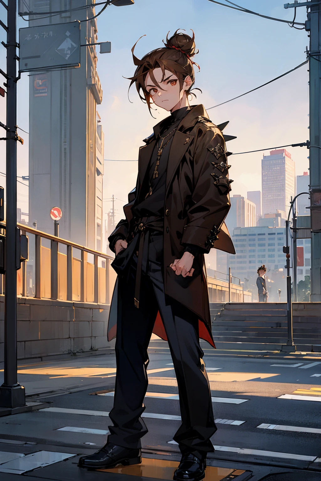 Masterpiece Quality, Perfect Generation, Sclera, Detailed Eyes, Skin, Hair, Muscular, Street Clothing, Tired Expression, , City Background, Full Body, Skin, , , , facing viewer, Standing Outside, Clothed, , Eyes, hair, male, spiky hair, brown hair, in a bun