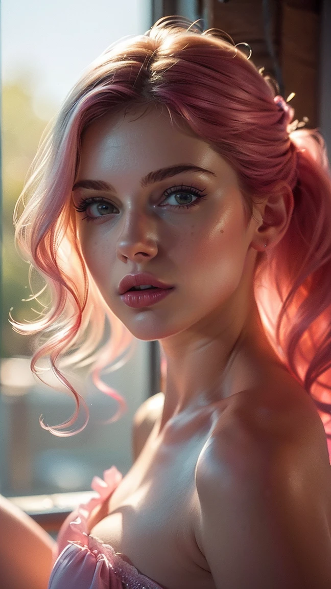 (((ultra realist))) photoshot, masterpiece, top quality, (pale skin), (ultra-detailed face and eyes:1.3), 1 girl, adult, In Lifchik, ((Eye make up, pink mascara)), ((size, Detailed Lips)), ((pink wavy hair)), ((stylish hairstyle)) , (Natural ), Slender waist. ((posing, Palms on the face)), photoshot-Shooting, soft studio lighting, (The play of light and shadow), depth of field, bokeh, (special attention to skin details: 1.2), Detailed leather structure, Hautporen. (Airy atmosphere of the frame. Colour palette - delicate, bright, Pink tones), DR, ((film grain)), ((Rays)), (glare), ((Feet up portrait, close to the camera)) , ultra detailed,