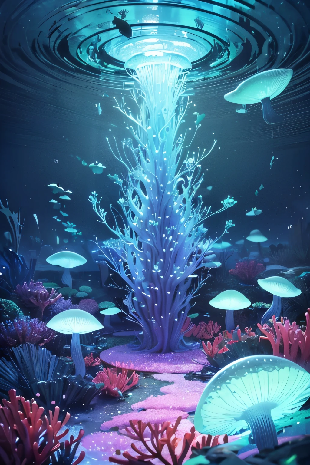 masterpiece, Highest quality, (Very detailed CG Unity 8k 壁紙), (Highest quality), (Best illustrations), (Best Shadow), Marine theme with natural elements. Tall mangrove, rich Seaweed, Luminous jellyfish, Surrounded by schools of fish, Luminous particle effect,, (Seaweed), (Ocean Theme), ((Glowing Algae)), (Coral), ((Luminous jellyfish )), ((Glowing creatures in seawater)), ((Seafire)), (((Particle Effects))), Isometric 3D, Octane Rendering, Ray Tracing, Very detailed