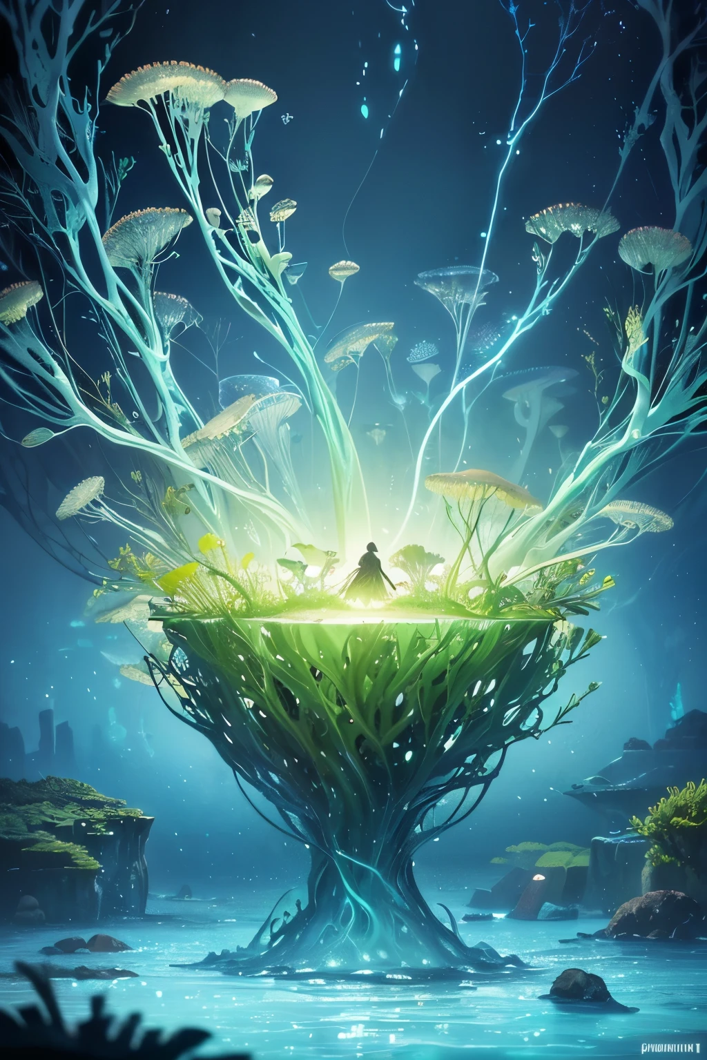 masterpiece, Highest quality, (Very detailed CG Unity 8k 壁紙), (Highest quality), (Best illustrations), (Best Shadow), Marine theme with natural elements. Tall mangrove, rich Seaweed, Luminous jellyfish, Surrounded by schools of fish, Luminous particle effect,, (Seaweed), (Ocean Theme), ((Glowing Algae)), (Coral), ((Luminous jellyfish )), ((Glowing creatures in seawater)), ((Seafire)), (((Particle Effects))), Isometric 3D, Octane Rendering, Ray Tracing, Very detailed