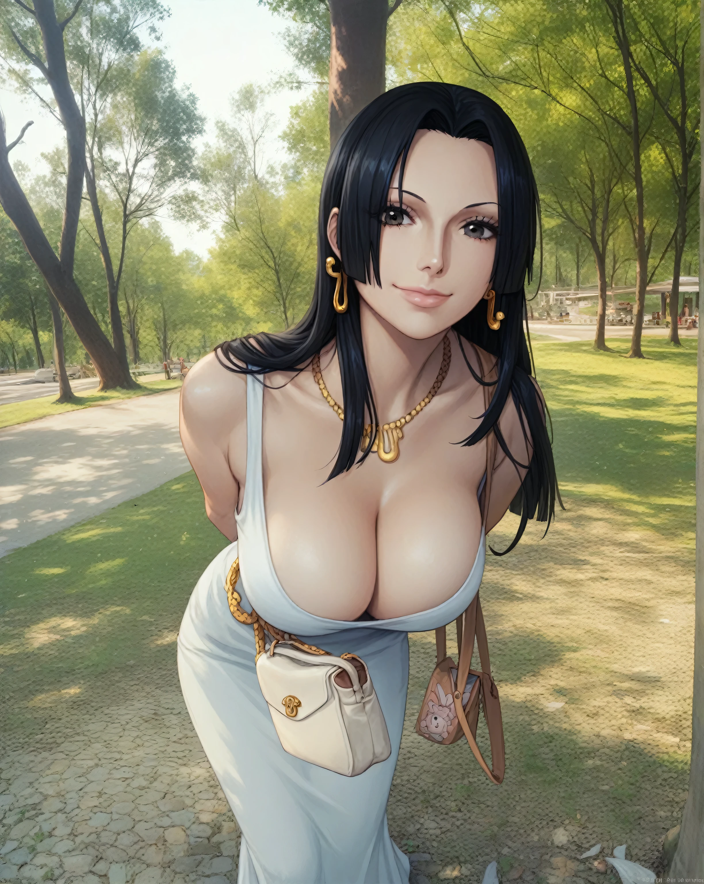 source_anime,score_9,score_8_up, score_7_up, 1girl,solo,outdoors,one piece, boa hancock, 1girl, phone, solo, black_hair, breasts, long_hair, 1girl, breasts, solo, cleavage, black_hair, dress, large_breasts, tree, arms_behind_back, long_hair, outdoors, handbag, looking_at_viewer, jewelry, leaning_forward, bag, photo_background, necklace, one_eye_closed, smile, day, realistic, brown_eyes, closed_mouth