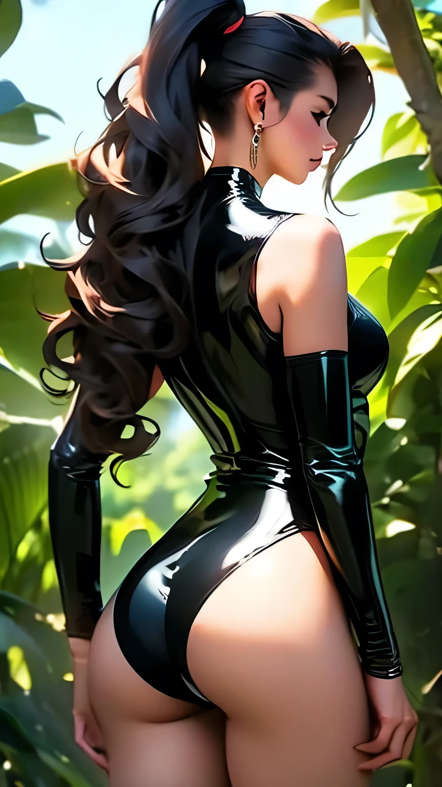 Art style beautiful woman, (Black latex leotard), detailed, 8k、detailedな目で、(Long Wavy Hair:ponytail)、masterpiece, 最high quality, high quality, High resolution, (Jungle Background), View from behind