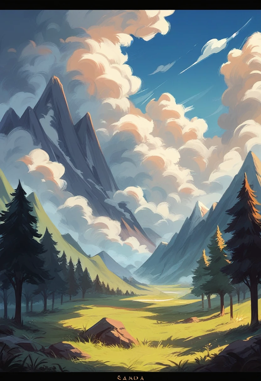 Conceptart,Concept Art,Samia, tree, scenery, cloud, outdoors, sky, day, mountain, grass, nature, mksks style, best quality, perfect