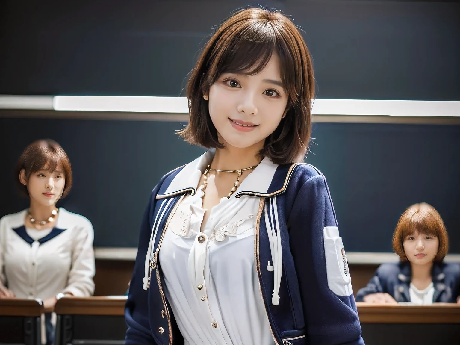 (A female teacher teaching a class in front of a school blackboard:1.5)、(A kind smile:1.5)、(A cute 20 year old woman:1.5)、(The best quality at its best:1.4), (Super detailed), (Very detailed CG unified 16k), Beautiful woman with perfect figure: 1.4, Sharp focus: 1.2, Very detailed, High-quality RAW color photos, Professional photography, Great face and eyes, cosmetics, (Amazingly beautiful girl), ((Navy blue jacket and white blouse:1.5)), Realistic movie faces, Full body long view from head to toe, Realistic, ((Realistic natural orange red hairstyle)), ( Short Bob Hair:1.5), (necklace:1.5)、, Very beautiful face, Perfect model beauty, Mouth swelling, Highly detailed face and skin texture, Fine grain, double eyelid, Medium chest, (masterpiece), Highest quality, High resolution, Very detailed, Blurred Background, Depth of written boundary, Cinema Lighting, Great legs, , Clear, well-maintained skin,((Full body shot from head to toe:1.5))
