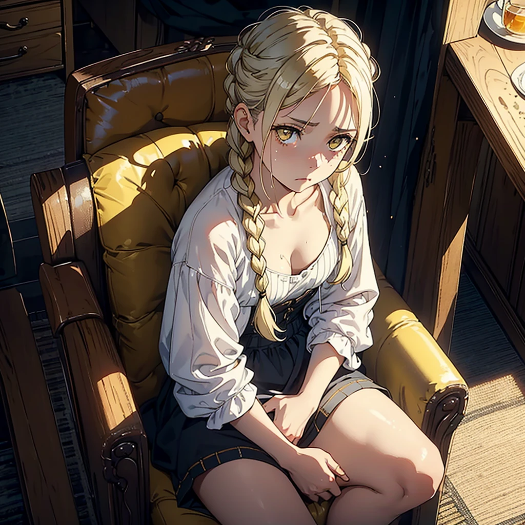 A woman, 20 years, by the wide, by white, honey yellow eyes, small braids in her hair, chest a little big, beautiful body, fearful eyes, shy facial and body expressions, sloppy clothes, full body, sitting in an armchair, view from above, suspicious, fearful.
