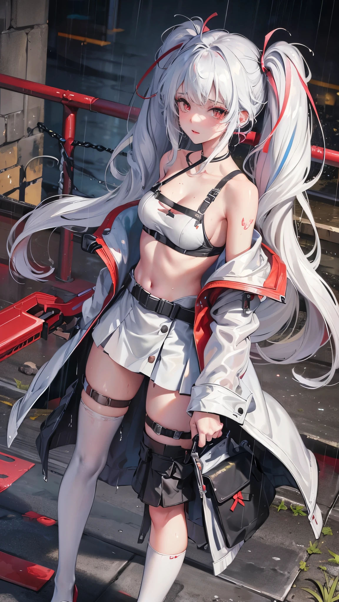 realistic, anime, 1girl,bangs, twintails, long hair, small breasts, off shoulder, white hair, rainbow hair, oversized T-shirt, white T-shirt, black bra, bare legs, thigh, cleavage, collarbone, (extremely detailed CG unity 8k wallpaper, masterpiece, best quality, ultra-detailed, best shadow), (masterpiece:1.2, best quality), very red eyes, sweat, soft body, cute, arm strap, thigh strap, multicolor eyes, outside, out door, raining, night, wet cloths, standing, standing in the rain, wet hair, wet skin, see through, (heavy rain), ruined building, messy ground, bullet shells on ground, dust, wounds, walking, jacket, tactical suit, military equipment, (night), white legwear, wet thighs, ((lotion)), from behind, (wet), dress, skirt, , happy, happy expression, thighs, from below, horizon, \(weapon\)