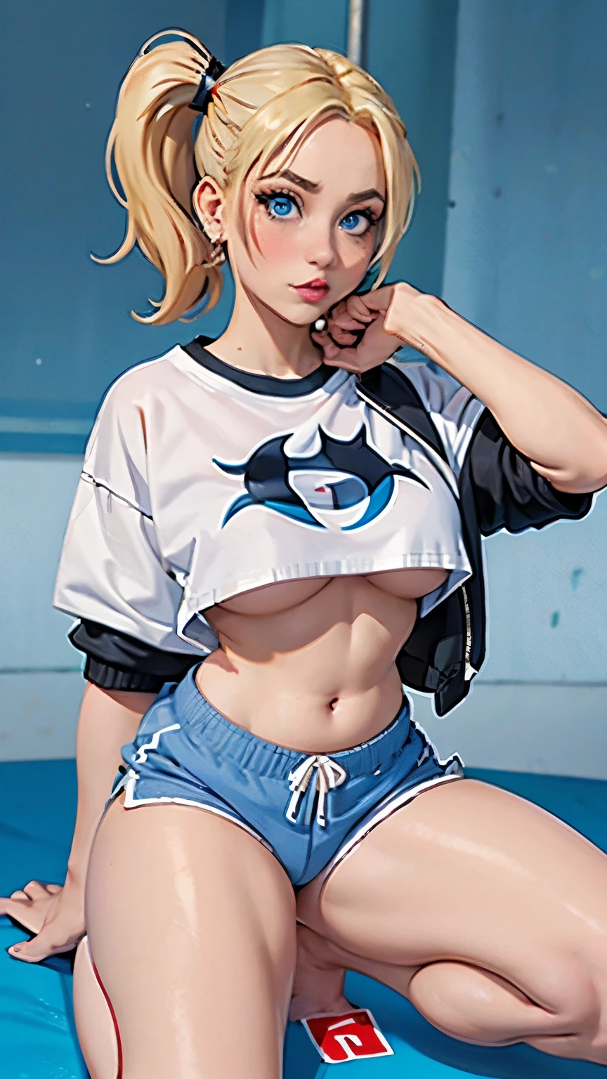 Harley Quinn, Double ponytail hairstyle, blue eyes, belly button, Look at the audience, Put your hands behind you, Black jacket, Dolphin shorts, , (White shirt:1.2), Soaked transparent shirt, Wide waist, plump,, Harley Quinn inspired makeup,
Expose below the breast, Nipples visible through clothing,
Large target\(body proportions\),Tights,Camel toe,Squat,Kneel down,sit down,Legs apart