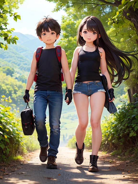 masterpiece; style: Daily; required background: Nature of Russia, middle line, Random landscape; обязательный style одежды: singlet, jeans, hiking boots, fingerless gloves, backpack; Characters: 1 effeminate guy and 1 muscular girl(sexy look)(quite capable of walking around half naked) (absolute similarity(twins)) Brother and sister, very tousled brown hair, Brown eyes, round beautiful face, muscular proportional athletic trained body, trained arms and legs, Graceful fingers, Aesthetic proportional small wide nose, Plump lips; aesthetic completeness, perfect face; Free standing pose, Interaction with each other; many small details, complex parts; High quality textures, high detail, Realistic human anatomy, realistic textures, daylight, increased image clarity
