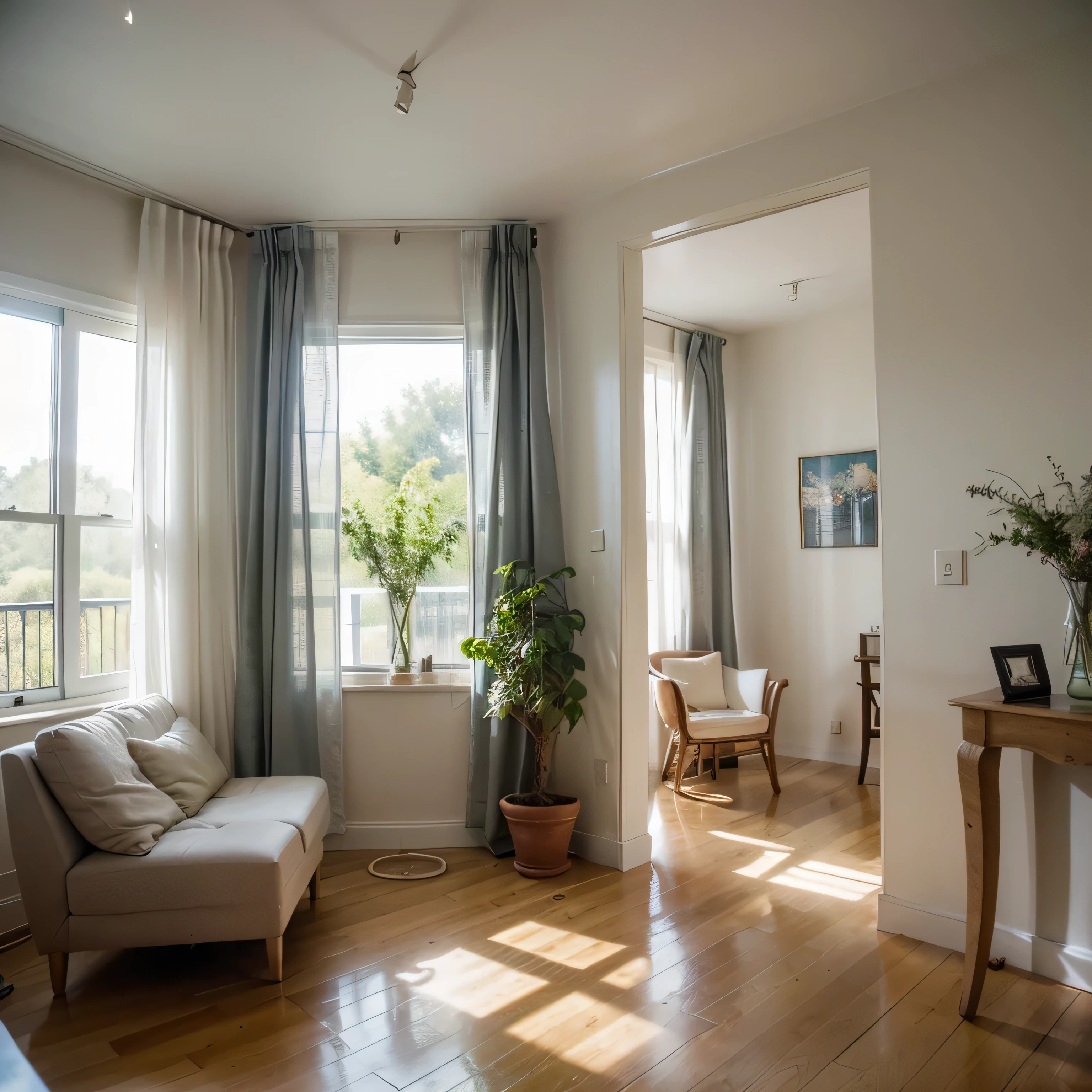 A cozy indoor corner,There are floor-to-ceiling windows on the side,White curtains with light transmission,There are greenery,Warm indoor environment,Super realistic scene with natural light