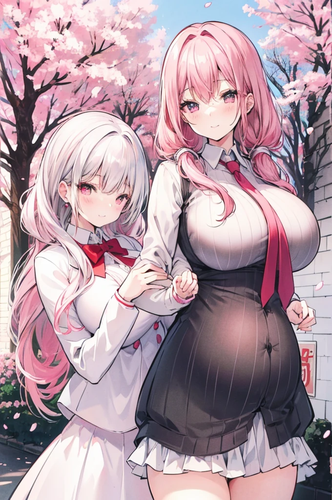 Young Girls, Red silver hair, Pink Eyes,Beautiful and delicate eyes, Huge Breasts, Long hair,European braid hairstyle, a happy expression, White shirt,White Blazer, Black mini skirt, (cherry blossom garden )，Pregnant