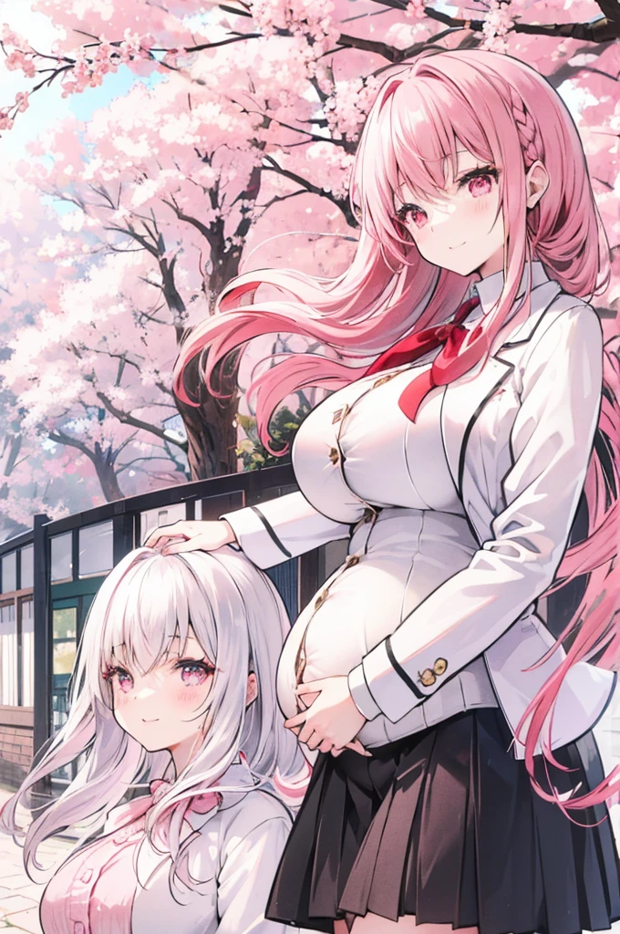 Young Girls, Red silver hair, Pink Eyes,Beautiful and delicate eyes, Huge Breasts, Long hair,European braid hairstyle, a happy expression, White shirt,White Blazer, Black mini skirt, (cherry blossom garden ),Pregnant