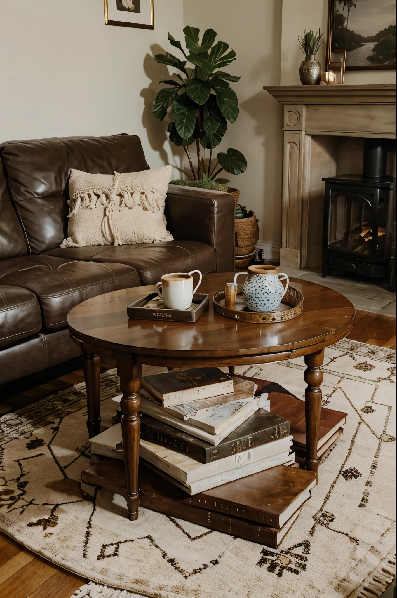 A living room coffee table with a stack of boho-themed coffee table books and decorative objects.