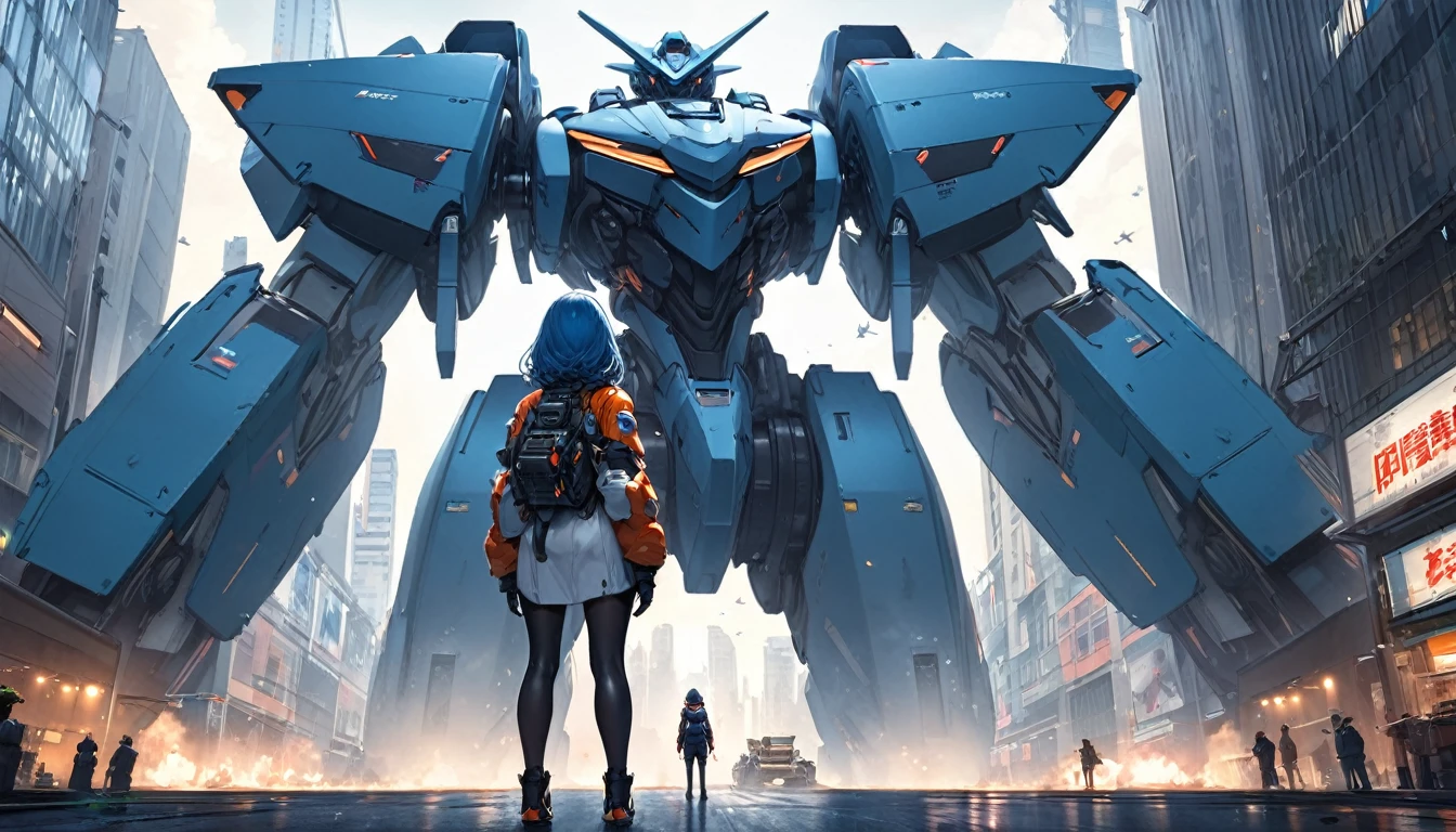 Highest quality,A woman stands in front of a giant robot in the city,Back view,Blue Hair,Pilot Suit