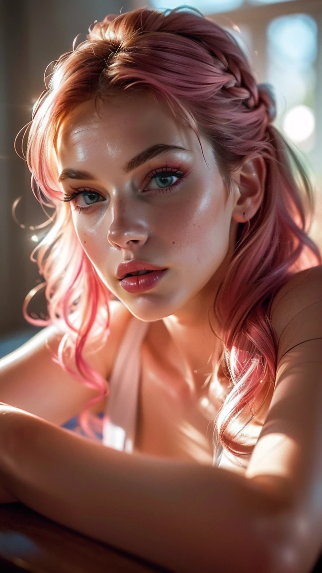 (((ultra realist))) photoshot, ​masterpiece, top quality, (pale skin), (ultra-detailed face and eyes:1.3), 1 girl, adult, In Lifchik, ((Eye make up, pink mascara)), ((size, Detailed Lips)), ((pink wavy hair)), ((stylish hairstyle)) , (Natural breasts), Slender waist. ((posing, Palms on the face)), photoshot-Shooting, soft studio lighting, (The play of light and shadow), depth of field, bokeh, (special attention to skin details: 1.2), Detailed leather structure, Hautporen. (Airy atmosphere of the frame. Colour palette - delicate, bright, Pink tones), DR, ((film grain)), ((Rays)), (glare), ((Feet up portrait, close to the camera)) , ultra detailed, 