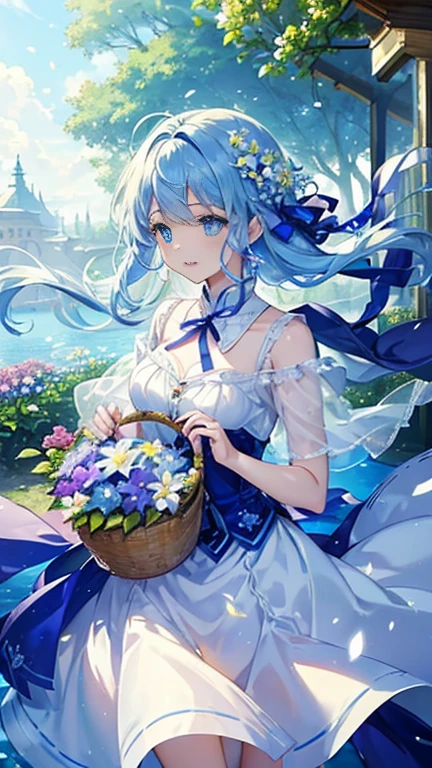 (((masterpiece)))、(((Highest quality)))、((Very detailed))、(Awareness-raising)、((Very delicate and beautiful))、Dynamic Angle、Laughter、floating、blue eyes,Short blue hair、(Detailed light) (1 girl)、、Put flowers in a basket、alone、Long-haired person、The wind is blowing、world、originally、Some flowers are blooming、Nature&#39;s Maze、（wood々Tunnel）（forest）