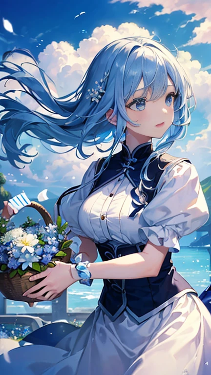 (((masterpiece)))、(((Highest quality)))、((Very detailed))、(Awareness-raising)、((Very delicate and beautiful))、Dynamic Angle、Laughter、floating、blue eyes,Short blue hair、(Detailed light) (1 girl)、、Put flowers in a basket、alone、Long-haired person、The wind is blowing、world、originally、Some flowers are blooming、Nature's Maze、(wood々Tunnel)(forest)