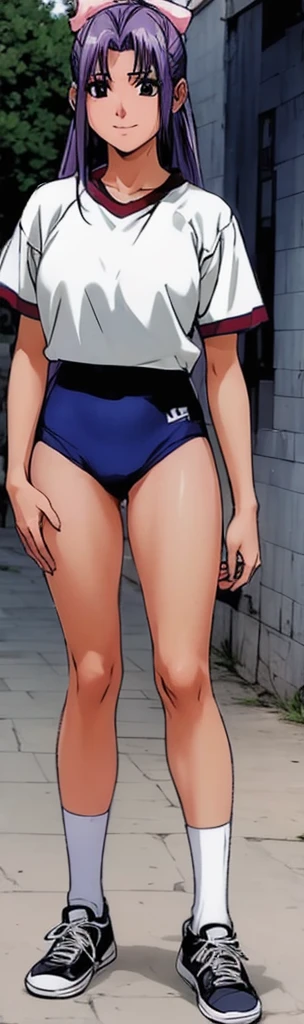 Momoko Koigakubo, a tall girl with beautiful legs, is standing with a smile on her face in a white gym uniform and light navy blue bloomers that look like panties.。