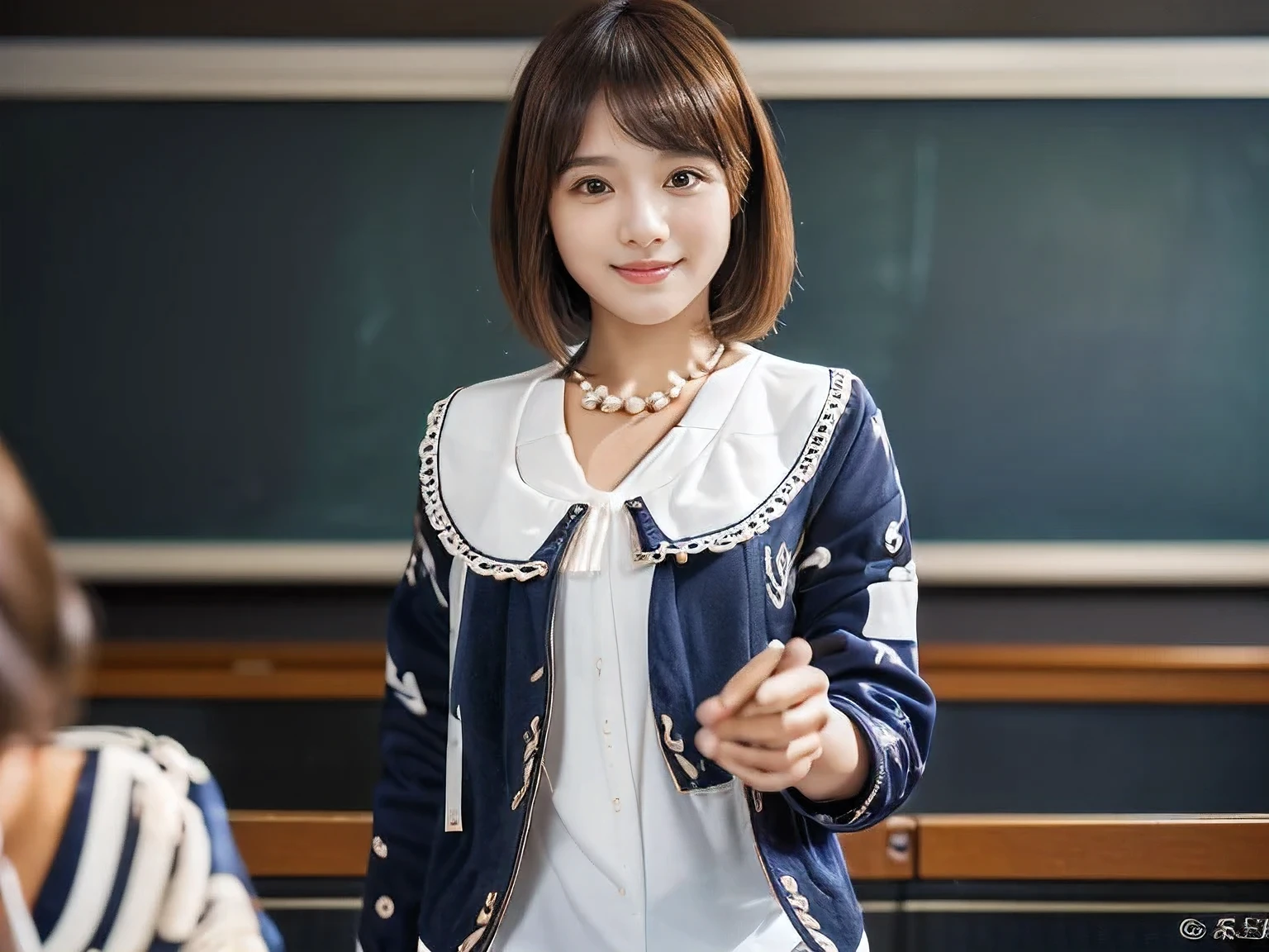 (A female teacher teaching a class in front of a school blackboard:1.5)、(A kind smile:1.5)、(A cute 20 year old woman:1.5)、(The best quality at its best:1.4), (Super detailed), (Very detailed CG unified 16k), Beautiful woman with perfect figure: 1.4, Sharp focus: 1.2, Very detailed, High-quality RAW color photos, Professional photography, Great face and eyes, cosmetics, (Amazingly beautiful girl), ((Navy blue jacket and white blouse:1.5)), Realistic movie faces, Full body long view from head to toe, Realistic, ((Realistic natural orange red hairstyle)), ( Short Bob Hair:1.5), (necklace:1.5)、, Very beautiful face, Perfect model beauty, Mouth swelling, Highly detailed face and skin texture, Fine grain, double eyelid, Medium chest, (masterpiece), Highest quality, High resolution, Very detailed, Blurred Background, Depth of written boundary, Cinema Lighting, Great legs, , Clear, well-maintained skin,((Full body shot from head to toe:1.5))