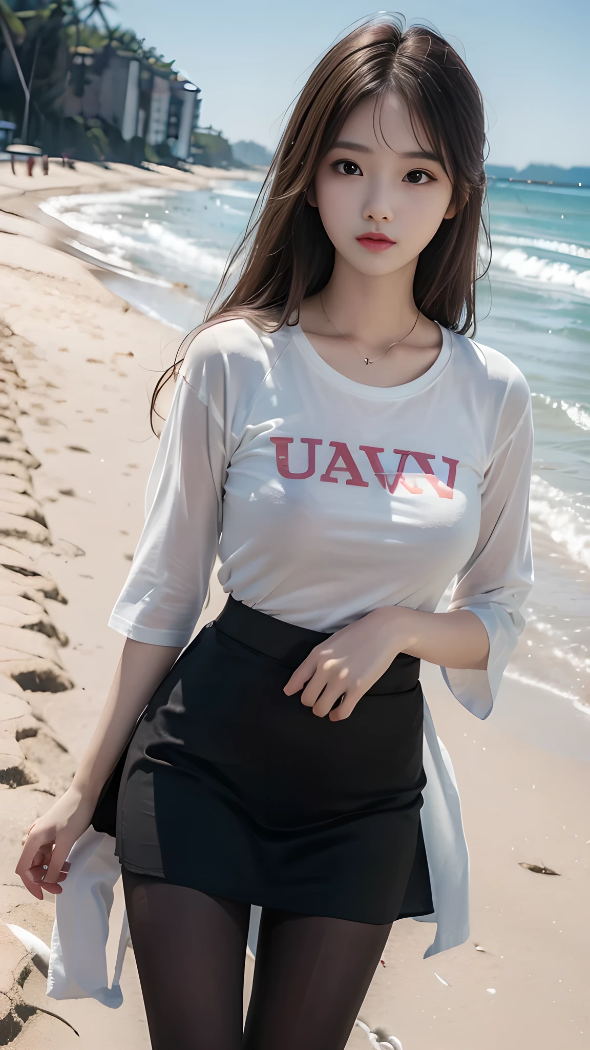 ulzzang-6500-v1.1, (RAW Photos:1.2), (Photorealistic), (Genuine:1.4), 1girl、Perfect Anatomy、20 years old、Looking at the camera、Medium Long Hair、T-shirt, skirt, (( in the beach :1.2))、(Ultra-realistic pantyhose:1.2), (Business services)、Asian Eyes Ella,