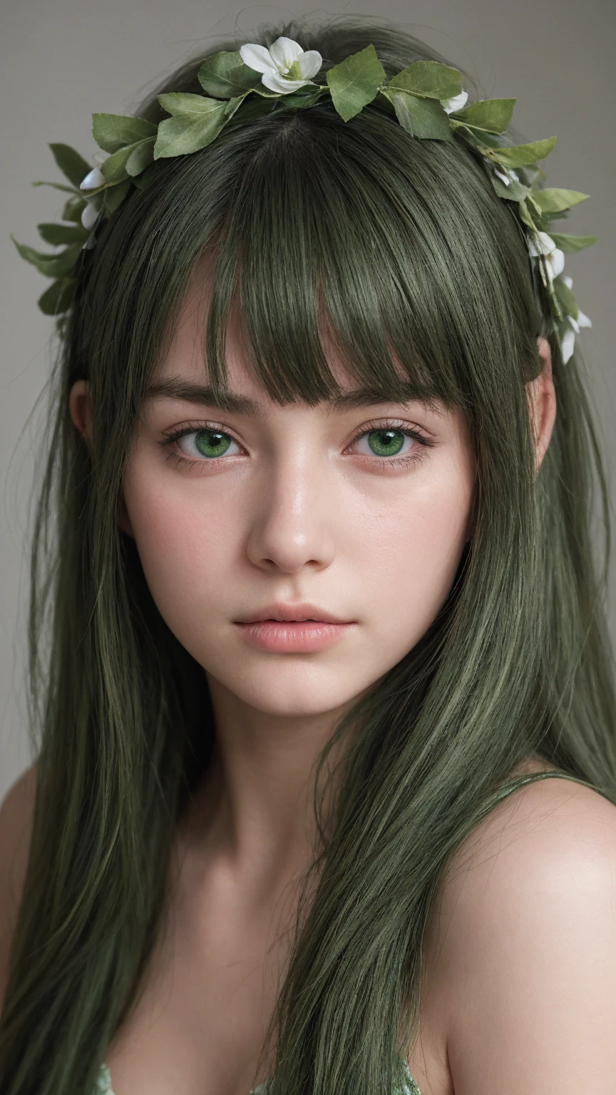 a girl. Europe. Extremely detailed face. Oval face. delicate facial features. half-closed eyes. long straight hair. messy hair. bangs. green hair. green eyes. wreath on head. afraid. Sad. shy. straight face