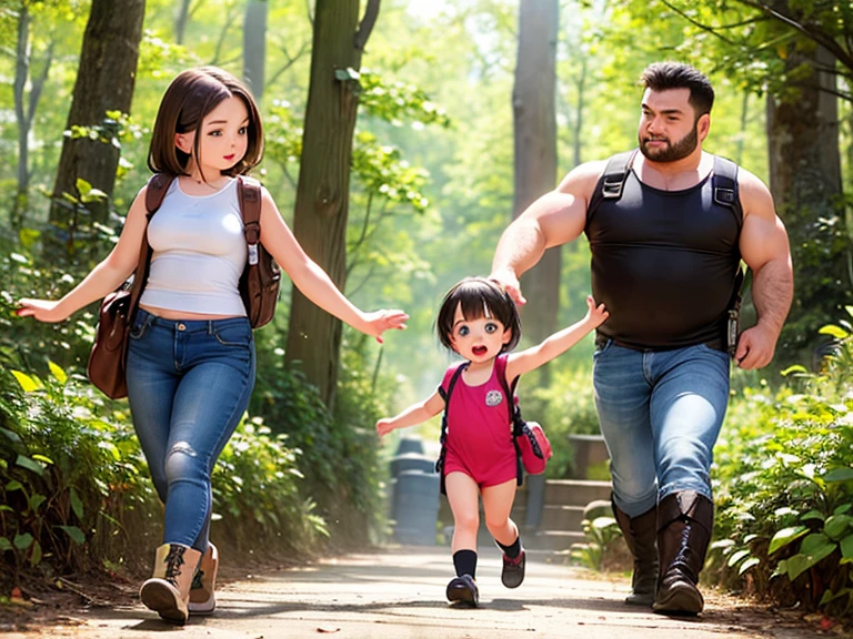 masterpiece; style: Daily; required background: Nature of Russia, middle line, Random landscape; обязательный style одежды: singlet, jeans, hiking boots, fingerless gloves, backpack; Characters: 1 effeminate guy and 1 muscular girl(sexy look)(quite capable of walking around half naked) (absolute similarity(twins)) Brother and sister, very tousled brown hair, Brown eyes, round beautiful face, muscular proportional athletic trained body, trained arms and legs, Graceful fingers, Aesthetic proportional small wide nose, Plump lips; aesthetic completeness, perfect face; Free standing pose, Interaction with each other; many small details, complex parts; High quality textures, high detail, Realistic human anatomy, realistic textures, daylight, increased image clarity
