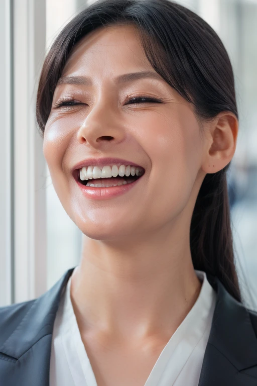 One Girl,Flying debris,,Award-winning photo, Very detailed, Edge Orgasm,Face Focus, (Woman with open mouth and closed eyes ), 30 years old、Black Hair、Glowing Skin、Face close-up,From below、Realistic nostrils、Long and narrow nasal cavity,、train、(train車内,By the window)、congestion、Are standing、((suit))、Big Breasts、(Sharp Nose)Grimacing performance:1.4, concept,teeth,performance,facial performances,Grimacing,Lift your head、Staring at the audience,eyeball