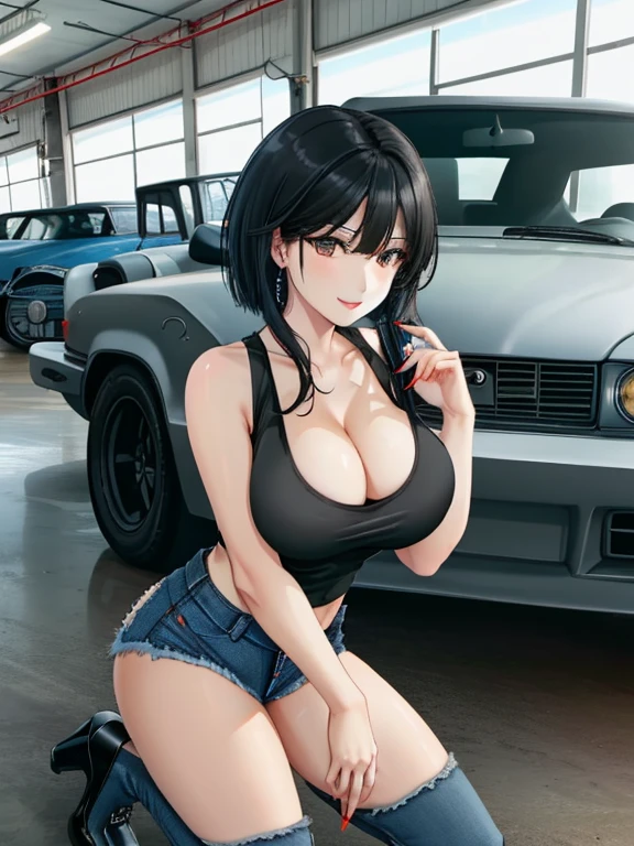(best quality:1.3), (4K quality), (Detailed face:1.2), (Detailed eyes:1.2), (detailed woman), 1girl, solo, Taiwanese woman, long black hair, With bangs,1 female in, 28 yo, Beautiful face, glossy lips, red lipstick, closed mouth, smirk, big breasts, deep cleavage, pale skin, ((Wearing:Black tight tank top, Tight Denim short-shorts, black high-heel shoes)), standing. (Background: Indoors, car repair shop). The woman is an automobile repair mechanic and a race queen