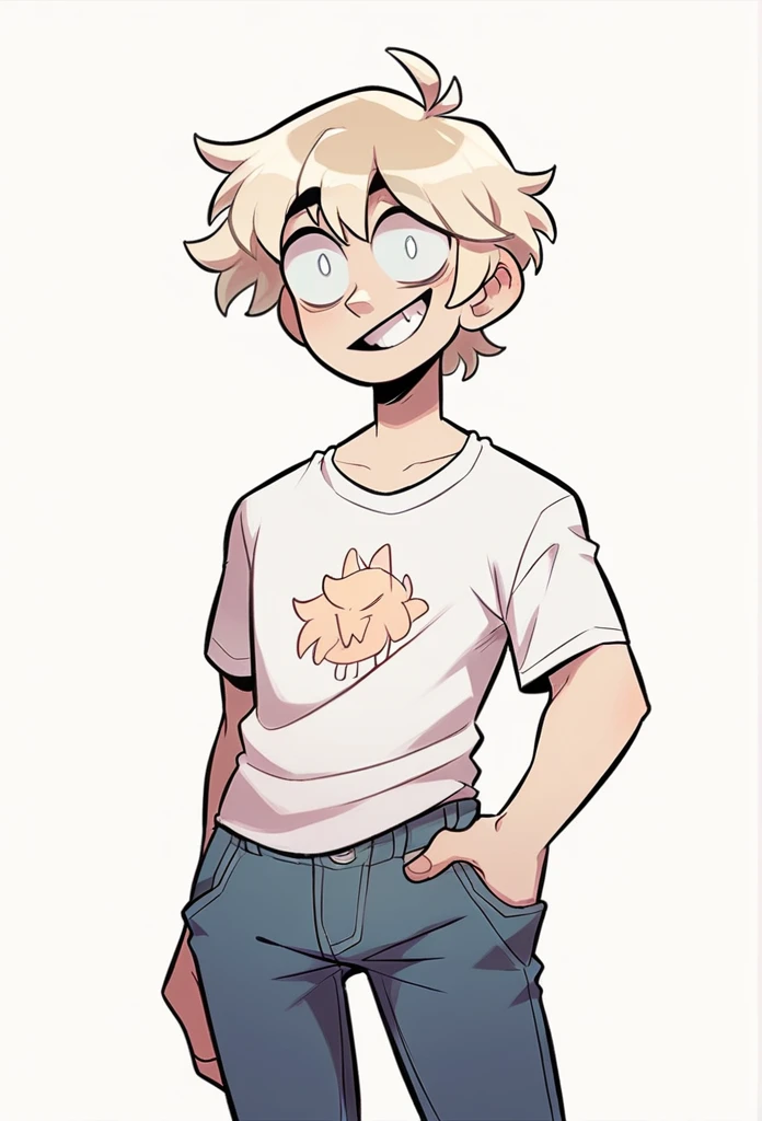 YouTuber, blond hair, bright eyes, standing happily with his hand on his hips, plain white tee shirt, black jeans, big smile, plain white background, male , adult male,