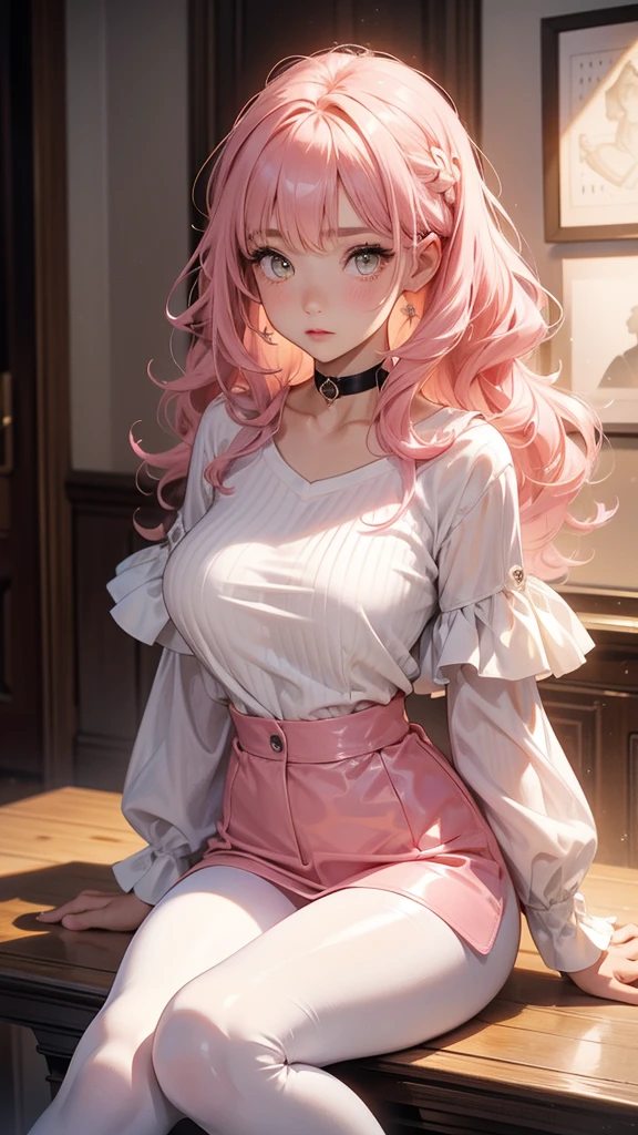 Big and beautiful pink hair, curly hair; yellow  eyes, rosto angelical, gorgeous face, blushed face; rosto ultra detaild; wearing a loose pink and white blouse, wearing black leggings, wearing high brown leather boots, wearing a choker; best qualityer, ultra detaild, best resolution, 4K, soft strokes, role model, work of art, closes; dimly lit room in the background