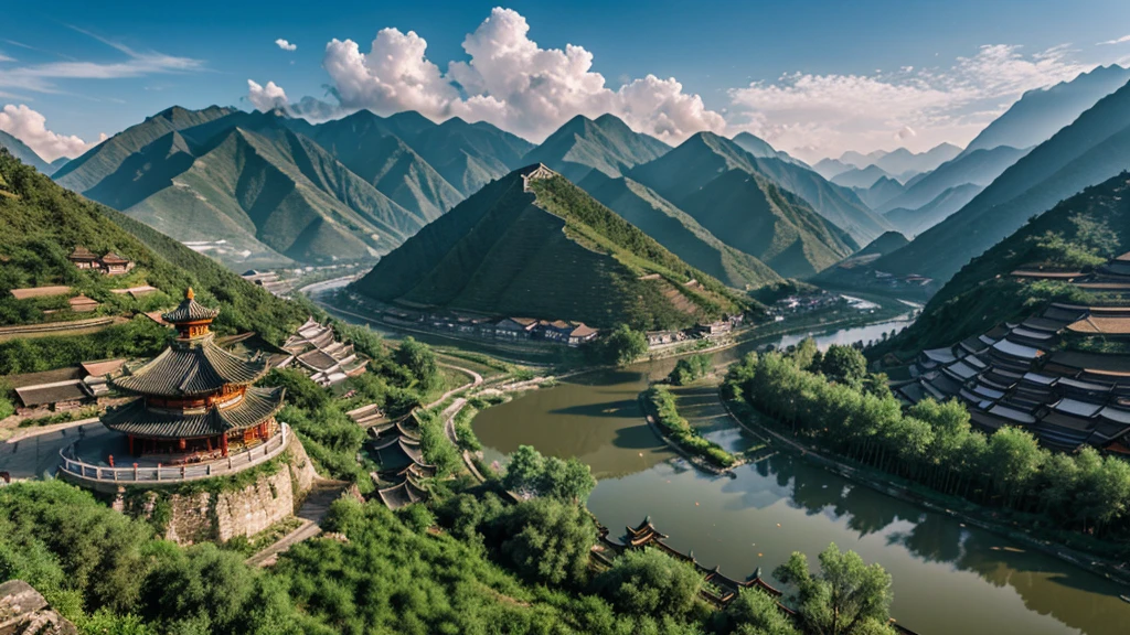Natural beauty, Ancient Chinese village.  river, mountain. cloud, Temple. Aerial view,mystical beauty, 8k