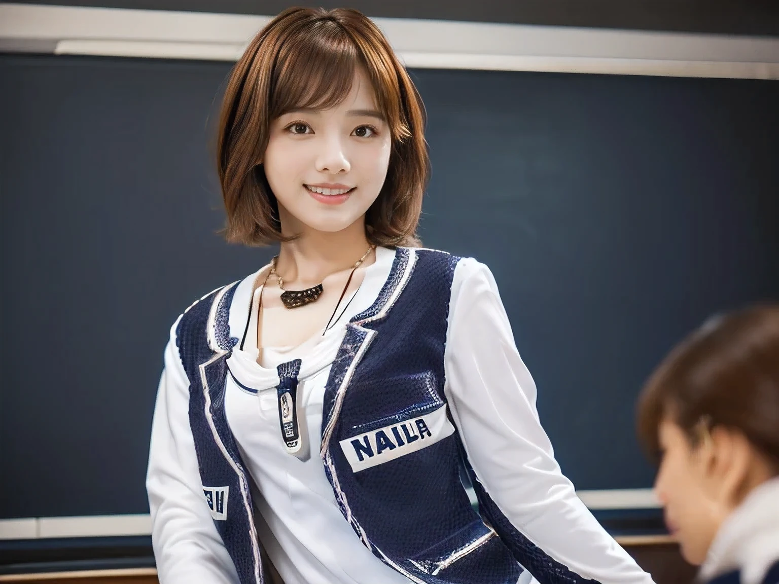 (A female teacher teaching a class in front of a school blackboard:1.5)、(A kind smile:1.5)、(A cute 20 year old woman:1.5)、(The best quality at its best:1.4), (Super detailed), (Very detailed CG unified 16k), Beautiful woman with perfect figure: 1.4, Sharp focus: 1.2, Very detailed, High-quality RAW color photos, Professional photography, Great face and eyes, cosmetics, (Amazingly beautiful girl), ((Navy blazer and white blouse:1.5)), Realistic movie faces, Full body long view from head to toe, Realistic, ((Realistic natural orange red hairstyle)), ( Short Bob Hair:1.5), (necklace:1.5)、, Very beautiful face, Perfect model beauty, Mouth swelling, Highly detailed face and skin texture, Fine grain, double eyelid, Medium chest, (masterpiece), Highest quality, High resolution, Very detailed, Blurred Background, Depth of written boundary, Cinema Lighting, Great legs, , Clear, well-maintained skin,((Full body shot from head to toe:1.5))
