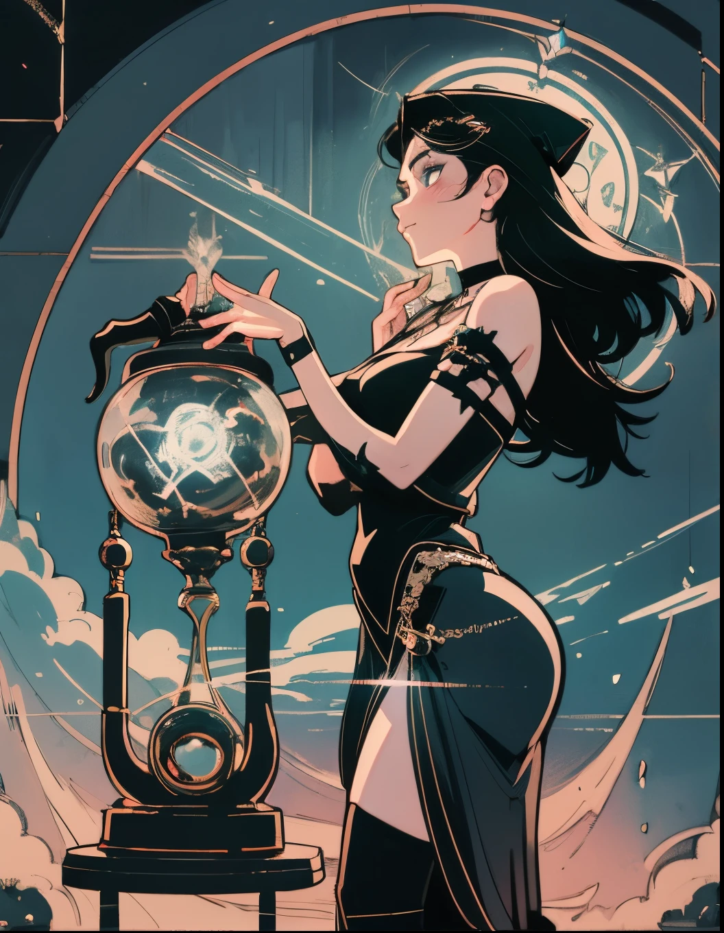 depicts a modern-day witch who has embraced the world of cybernetics to enhance her magical abilities. The artwork should convey the enchanting blend of traditional witchcraft and futuristic technology. Here are some specific elements to include: The Witch's Lair: The setting should be a cozy yet slightly eerie room, filled with magical books, crystal balls, potion ingredients, and antique furnishings. The room should be dimly lit by candles and a soft, mystical glow emanating from her cybernetic enhancements. The Cyborg Witch: The central focus of the artwork is the witch herself. She's a striking figure with a mix of traditional witch attire and cybernetic enhancements. Her clothing should have a witchy, occult aesthetic, with flowing robes, a pointed hat, and an intricate pentagram necklace. Her arms, however, have been upgraded with cybernetic components that incorporate magical symbols and glowing runes. Magical Interface: The witch is in the midst of casting a spell, with a holographic, touch-screen interface floating before her. This interface includes spell incantations, arcane symbols, and digital components, demonstrating her fusion of magic and technology. Spell Ingredients: On a nearby table, there should be a collection of spell ingredients, like herbs, potions, and magical artifacts. Some of these items may have been modified with cybernetic enhancements, blurring the line between the natural and the technological. Familiar: The witch's familiar, perhaps a cat or raven, should be present in the scene, serving as her magical companion. The familiar could also have subtle cybernetic enhancements or glowing eyes. Glowing Runes: The room should be adorned with ancient symbols and glowing runes on the walls and floor, contributing to the magical atmosphere. Aetherial Lighting: Use a combination of mystical, ethereal lighting and cybernetic glows to create a captivating interplay of light and shadow. The contrast between the tradit