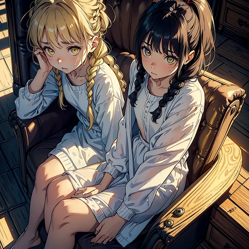 A woman, 20 years, by the wide, by white, honey yellow eyes, small braids in her hair, chest a little big, beautiful body, fearful eyes, shy facial and body expressions, sloppy clothes, full body, sitting in an armchair, view from above, suspicious, fearful.