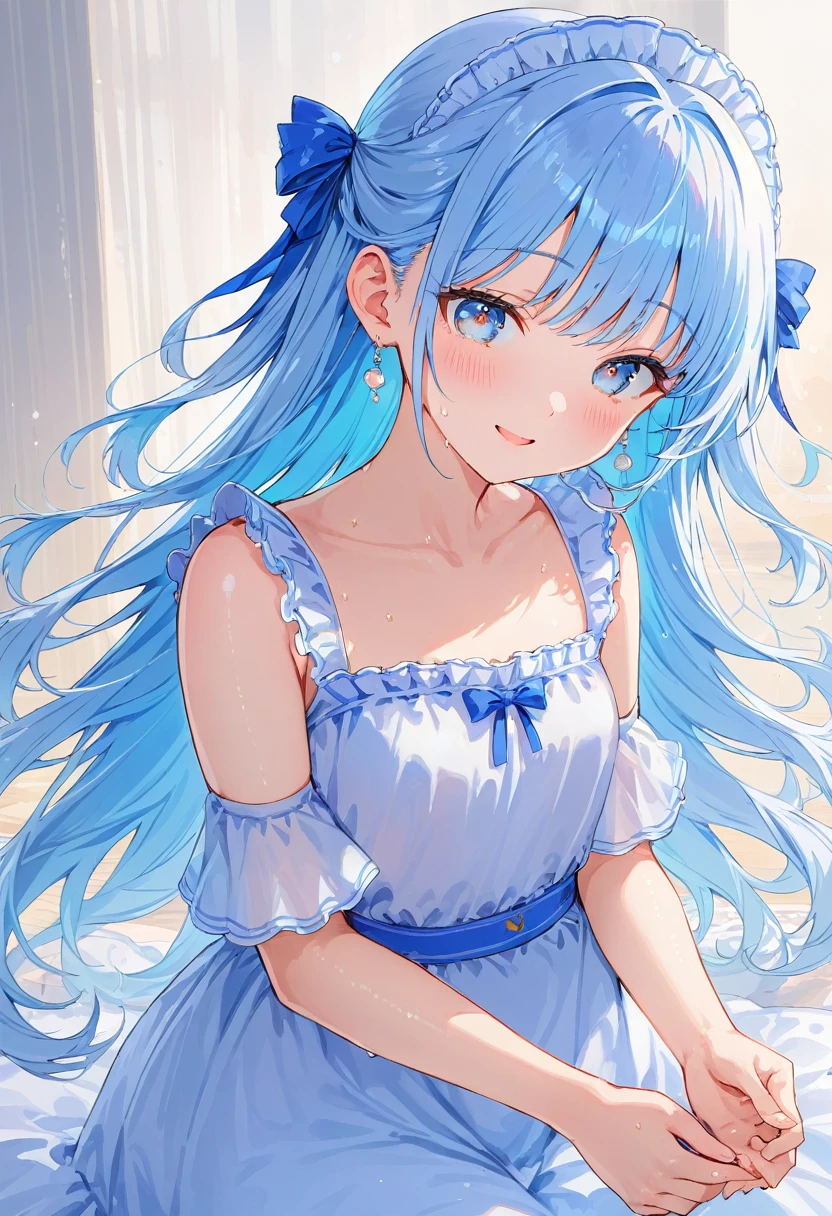 masterpiece, best quality, extremely detailed, (illustration, official art:1.1), 1 girl ,(((( light blue long hair)))), ,(((( light blue long hair)))),light blue hair, , long hair ((blush)) , cute face, big eyes, masterpiece, best quality,(((((a very delicate and beautiful girl))))),Amazing,beautiful detailed eyes,blunt bangs((((little delicate girl)))),tareme(true beautiful:1.2), sense of depth,dynamic angle,,,, affectionate smile, (true beautiful:1.2),,(tiny 1girl model:1.2),)(flat chest),Official art using high-quality hand-drawn watercolor sketch techniques. (best quality,4k,8k,highres,masterpiece:1.2),ultra-detailed,beautiful detailed eyes,A girl with beautiful eyes, everyone, beautiful anime girl, cute anime girl, smooth anime art, anime style, elegant colors, soft lighting, delicate beautiful wet eyes, very coquettish, (correct hands:1.2),,Big earrings,
