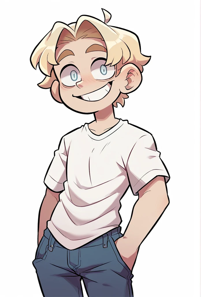 YouTuber, blond hair, bright eyes, standing happily with his hand on his hips, plain white tee shirt, black jeans, big smile, plain white background, male , adult male,
