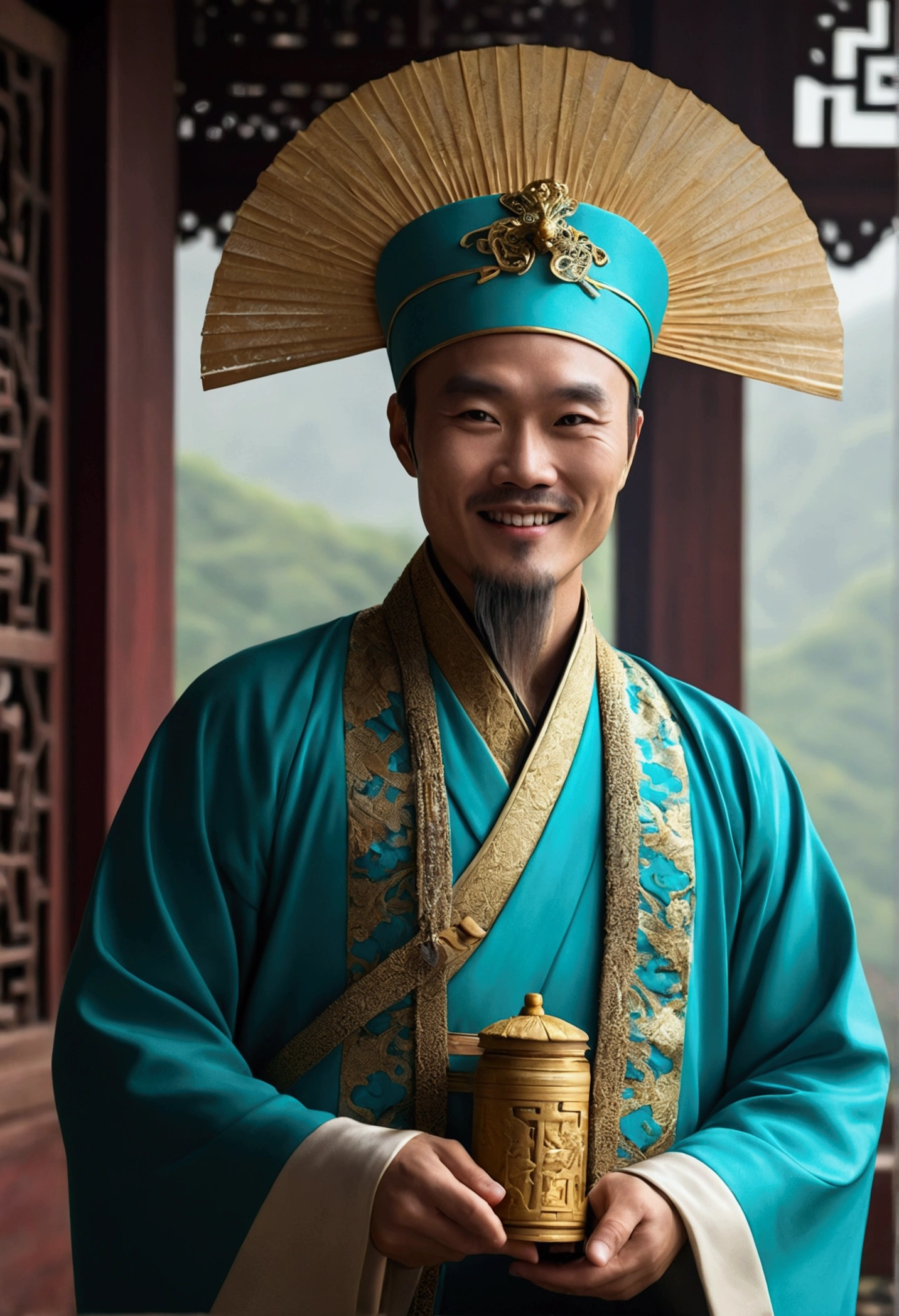 An Asian man with a bright, friendly smile, dressed in the style of Zhuge Liang (Zhuge Kongming). He wears a distinctive hat in turquoise and gold, with an upward curved shape and ornate gold decorations on the front. The man is clothed in flowing turquoise robes with intricate gold trim. In one hand, he holds a white feather fan. His face is clean-shaven and his expression is cheerful and welcoming. The background suggests a historical Chinese setting with misty mountains. Portrait style, photorealistic quality with rich colors and detailed textures.Image courtesy of:Bradford Young,author:David Bailey,author:Laurent Bayeux,Sophisticated atmosphere,Tilt Shift,West Shot(WS),close,Mood Lighting, --3 pieces included:4 - Original style - Varnished ,3D Rendering