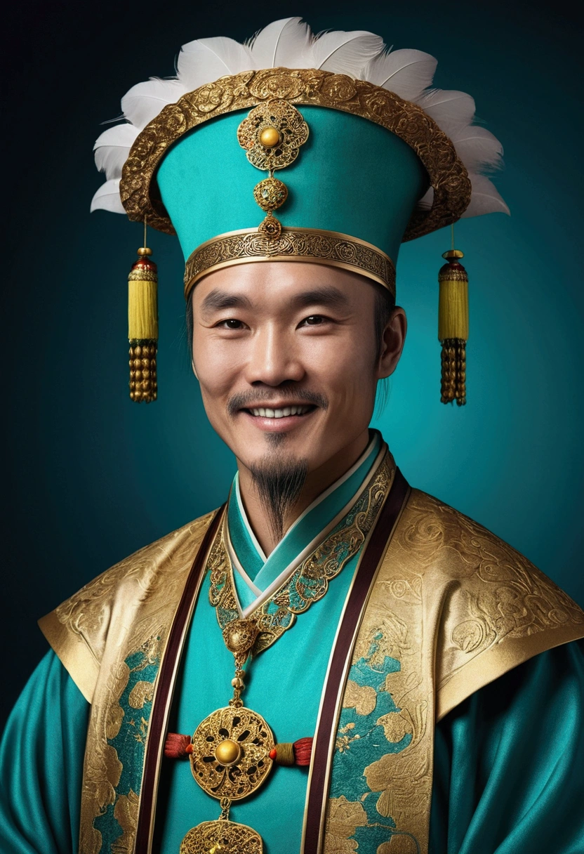 An Asian man with a bright, friendly smile, dressed in the style of Zhuge Liang (Zhuge Kongming). He wears a distinctive hat in turquoise and gold, with an upward curved shape and ornate gold decorations on the front. The man is clothed in flowing turquoise robes with intricate gold trim. In one hand, he holds a white feather fan. His face is clean-shaven and his expression is cheerful and welcoming. The background suggests a historical Chinese setting with misty mountains. Portrait style, photorealistic quality with rich colors and detailed textures.Image courtesy of：Bradford Young,author：David Bailey,author：Laurent Bayeux,Sophisticated atmosphere,Tilt Shift,West Shot(WS),close,Mood Lighting, --3 pieces included:4 - Original style - Varnished ，3D Rendering
