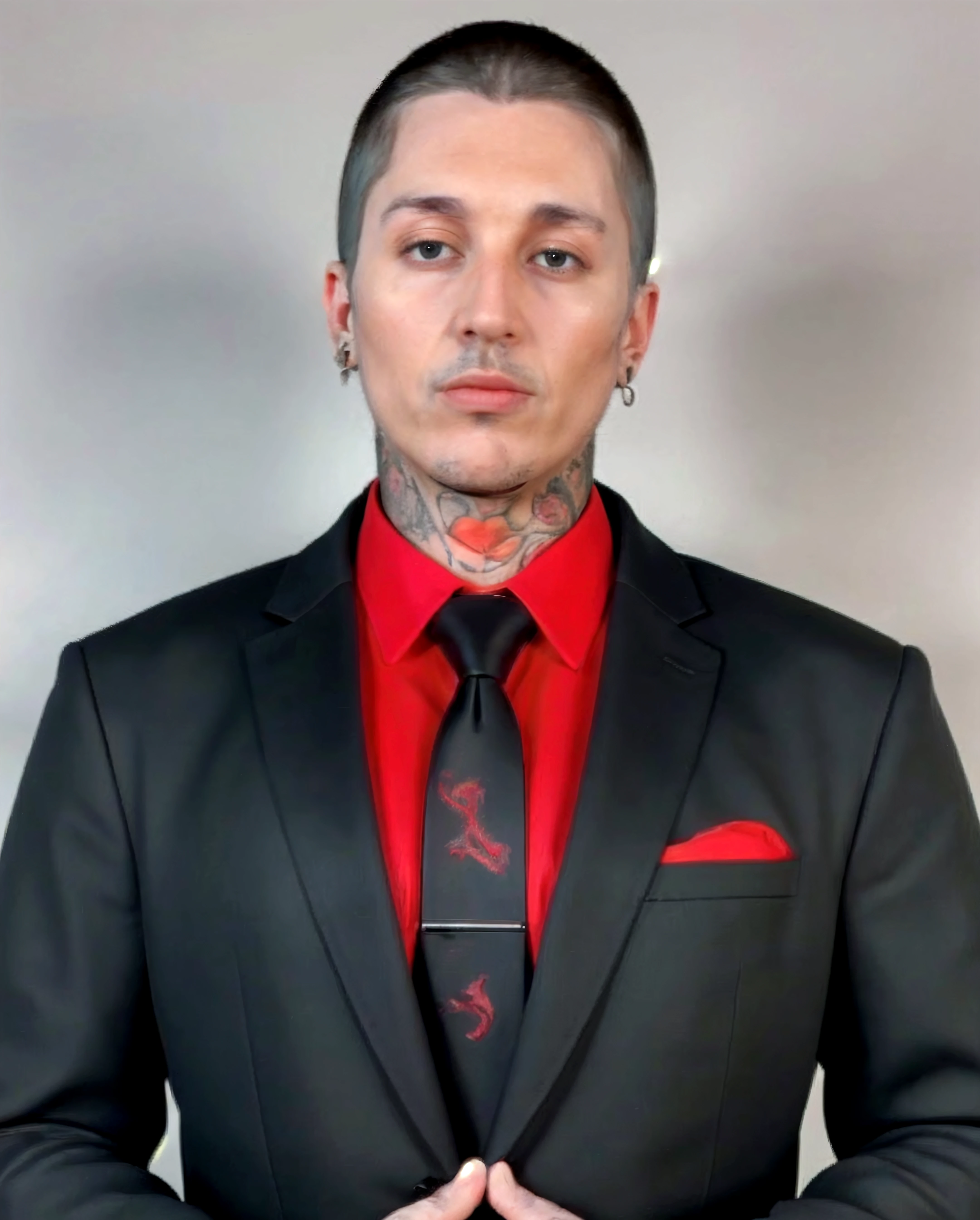 (masterpiece,best quality,ultra_detailed,highres,absurdres),1boy, male focus, tattoo, solo, white hair,chain, shirt, black necktie, necktie, simple background, yellow eyes, upper body, vest, short hair, looking at viewer, parted lips, collared shirt, round eyewear, long sleeves, neck tattoo, hand on own shoulder, arm tattoo, people standing, wearing a koboi hat, the jewelpunk aesthetic, well - detailed outfit, gta character, nun outfit, as a character from gtav, mechanic punk outfit, dressed like a cleric, occultist, gangster, modern occultist, gta v street style, detective clothes, npc with a saint's halo, mobster, mafia background hyper detailed, an anthropomorphic gangster rat, gta v character. 