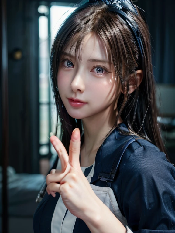 Tifa Lockhart, (put index finger on mouth:1.3), (nurse uniform), (Translucent nurse uniform), Super detailed, (detailed face), detailed eyes, full body, (soft smiling:0.8), natural skin texture, Her face is incredibly beautiful, Sexiest Looks, natural soft lighting, (masterpiece:1.2, best quality:1.2), vivid colors, Captivating body, (background of beautiful Aegean Sea, the blue glitter of the sea), cosmic skies, 