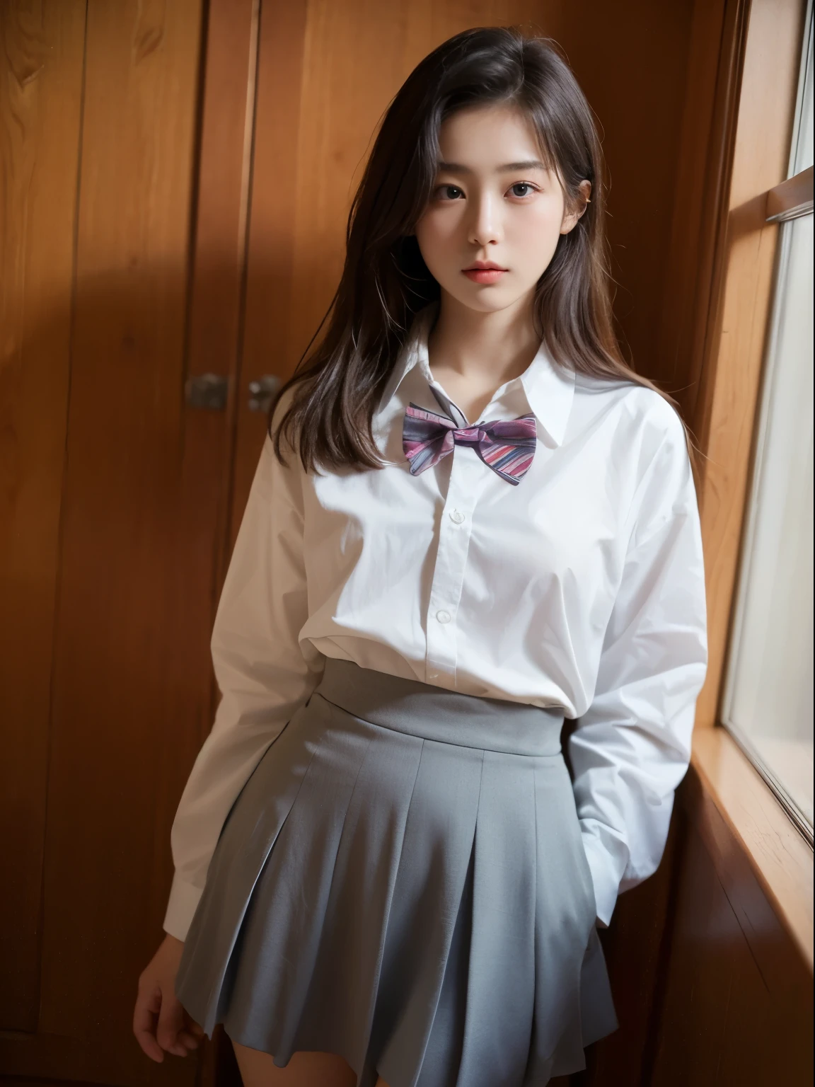(8k, Top quality, Masterpiece:1.2), (Realistic, photo-realistic:1.37), Super detailed, perfect anatomy, cute, small eyes, 18 years old, a Japanese, girl, white shirt, bow tie, school skirt,